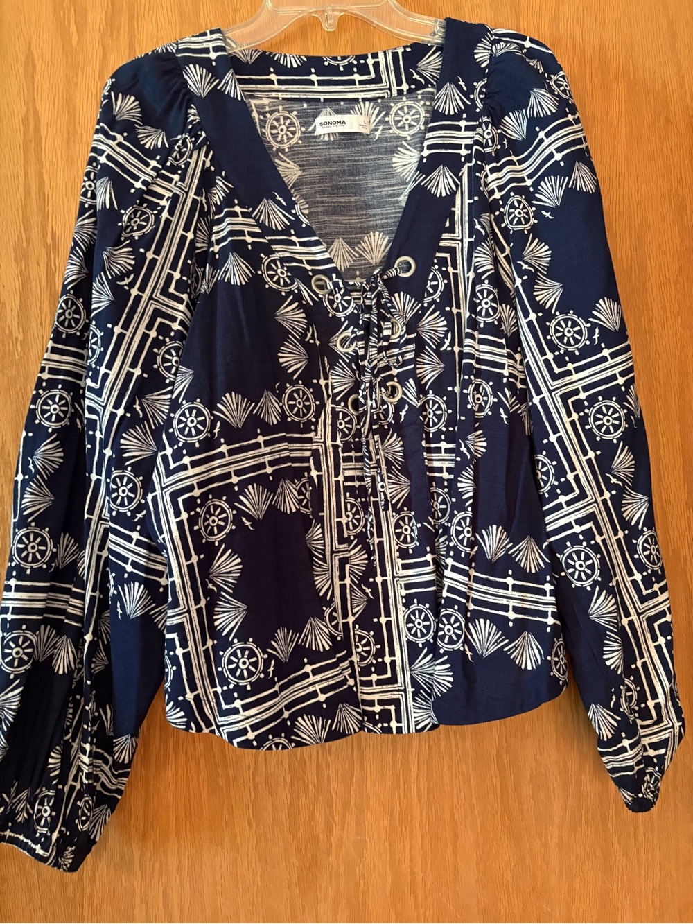 Sonoma Navy Blue and White Printed Long-Sleeve Lace-Up Blouse